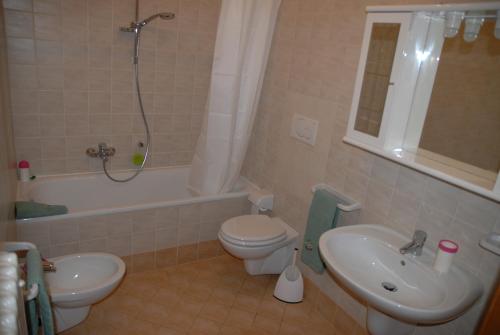 a bathroom with a sink and a toilet and a shower at Love & Live Pinè in Baselga di Pinè