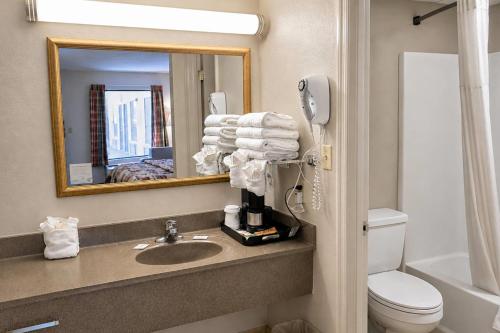 a bathroom with a sink and a toilet and a mirror at Days Inn by Wyndham Apple Valley Pigeon Forge/Sevierville in Pigeon Forge