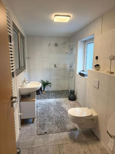 a bathroom with a toilet and a sink and a shower at Monteurwohnung,Ferienwohnung in Lüdenscheid