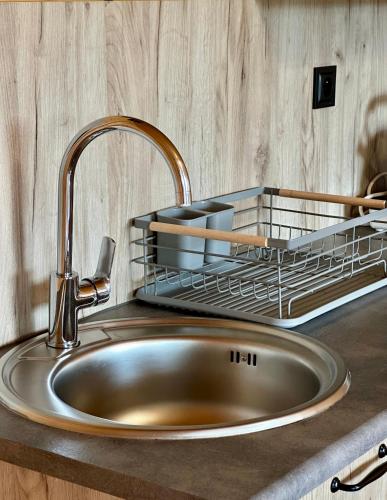 a kitchen sink with a metal faucet and a shelf at Siedlisko Wataha 721-140-600 in Wołkowyja
