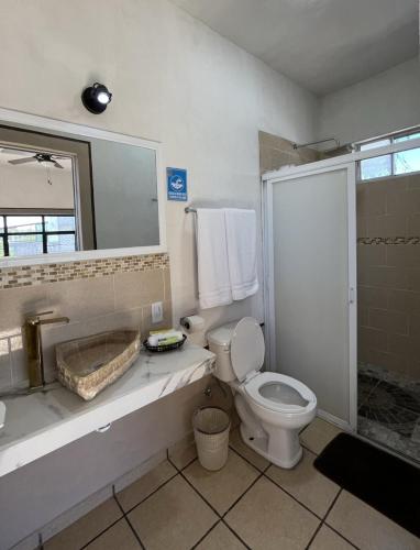 a bathroom with a toilet and a sink and a shower at Hotel Casa del Arbol in Bernal