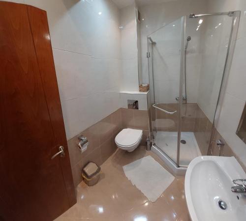 a bathroom with a shower and a toilet and a sink at Room 2 in Gotse Delchev