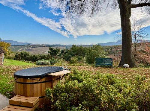 a hot tub and a bench next to a tree at Elgin Views with Hot Tub in Ouda Brug