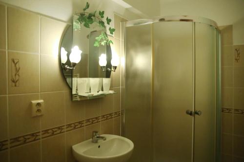 a bathroom with a sink and a shower with a mirror at Motel Orgován in Moldava nad Bodvou