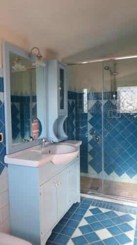 a blue bathroom with a sink and a shower at La Calendula in San Teodoro