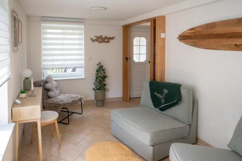 a living room with a chair and a table at Strandhaus 134 in Mönkebude