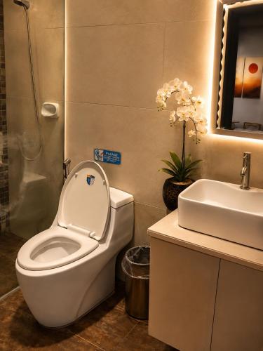 a bathroom with a toilet and a sink at Huddle Room Drive Inn Motel in Angeles