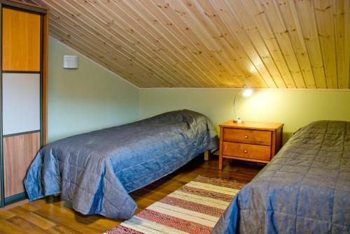 a bedroom with two beds and a wooden ceiling at VILLA PUUSTILA (6 mh) in Tahkovuori