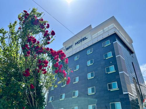 a hotel with flowers in front of a building at Song-Jeong Bay Hotel in Busan