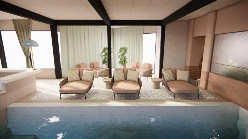 a rendering of a waiting room with chairs and a pool at Strand Öland in Borgholm