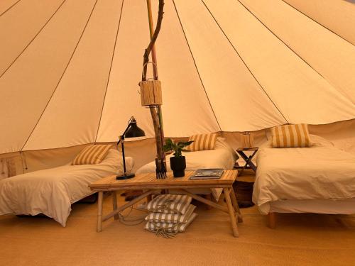 a tent with two beds and a table with a lamp at Cozy Garden Glamping in Svendborg