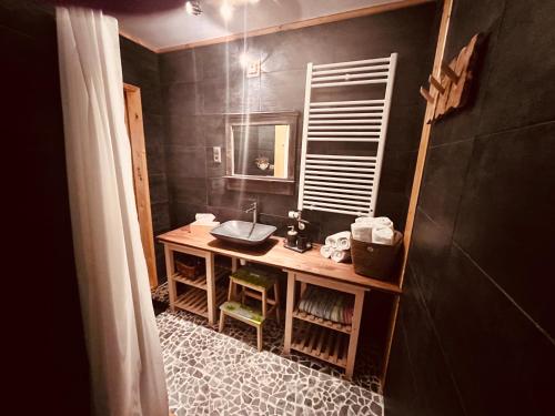 a bathroom with a sink and a mirror at De Rietnymf in Munnekeburen