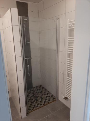 a shower with a glass door in a bathroom at Ferienwohnung Michelle in Bremerhaven