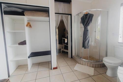 a bathroom with a shower and a toilet and a glass shower at Rustic Butler B&B in White River