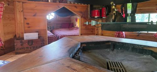 a room with a tub in a wooden room at Nuit insolite, repas autour du feu piscine sauna jaccuzi in Azerailles