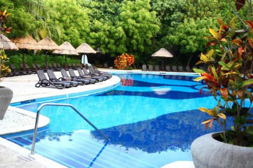 a swimming pool with lounge chairs and umbrellas at Select Club at Sandos Caracol All Inclusive - Adults Only Area in Playa del Carmen