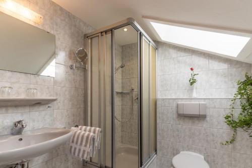 a bathroom with a shower and a sink and a toilet at Landhaus Berktold in Obermaiselstein