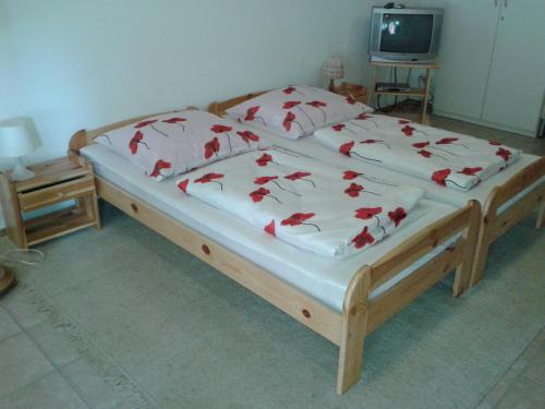 コウォブジェクにあるMieszkanie na wakacjeのベッドルーム1室(赤い花のベッド1台付)