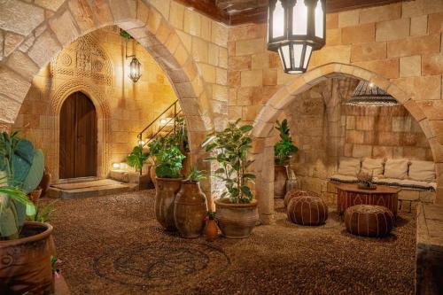 a room with a bunch of potted plants in it at Vasilikos Mansion - Captains Residences in Lindos