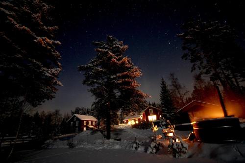 a group of people standing in the snow at night at Rustika strandstugor utanför Rättvik in Rättvik