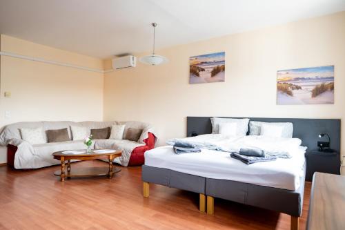 a living room with a bed and a couch at Rooftop Apartments in Miskolc