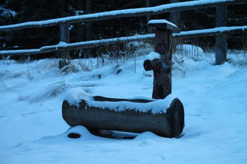 a snow covered object in the snow next to a fence at Lachtalhaus in Lachtal