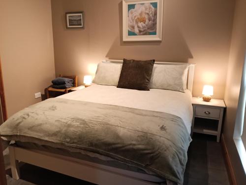 a bedroom with a large bed with two lamps at Liam's Cottage Bed and Breakfast in Lisdoonvarna