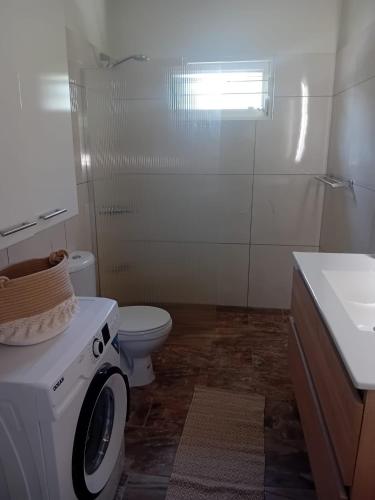 a bathroom with a washing machine and a toilet at Dushi Boho in Willemstad