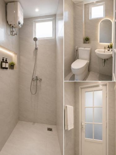 two pictures of a bathroom with a toilet and a sink at Merryland ICE BSD City in Tjilandak