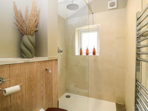 a bathroom with a shower and a toilet and a window at Well Cottage in Chipping Norton