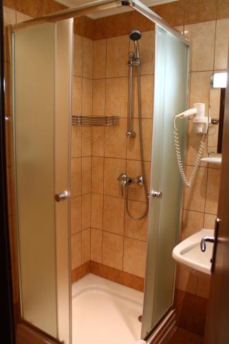 a shower with a glass door in a bathroom at Lachtalhaus in Lachtal