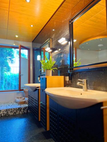 a bathroom with two sinks and a large mirror at Alpine Sunlight Villa in Villach