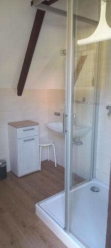 a bathroom with a glass shower in a room at Ferienpark Vorauf Typ B/Oslo Wacholderweg 10 in Siegsdorf