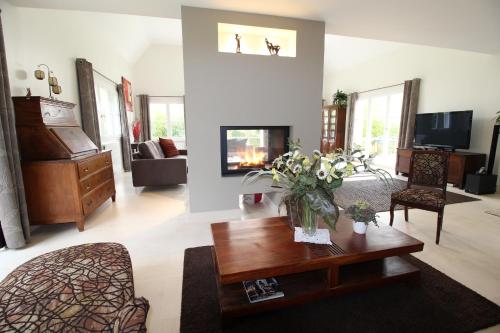 un salon avec une table basse et une cheminée dans l'établissement La Clémencerie Chambre d'hôtes, à LʼÉtang-la-Ville