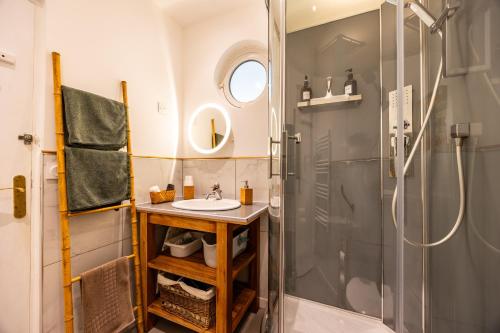 a bathroom with a sink and a shower at Studio Bord-Eau, terrasse et jardin in Saint-André-de-Cubzac