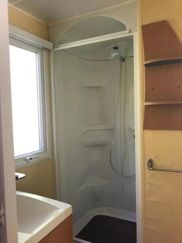a bathroom with a shower and a sink and a tub at Camping 3 étoiles - Piscine - ccbgccf in Rennes-les-Bains
