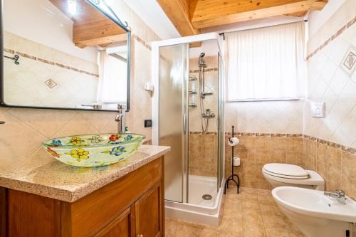 a bathroom with a sink and a shower with a bowl at Civetta Ski & Lake in Alleghe