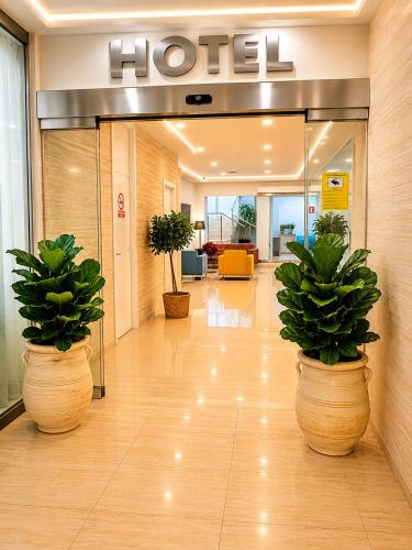 a hotel lobby with two large pots with plants in it at Hotel Córdoba Centro in Córdoba
