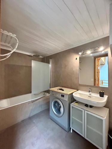 a bathroom with a washing machine and a sink at La marmotte namuroise in Saint-Jean-d'Aulps
