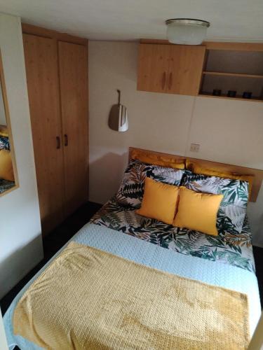a small bedroom with a bed with yellow pillows at Le Bruant des Roseaux in Villegusien Le Lac