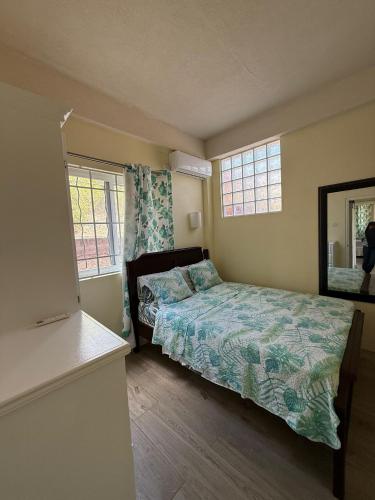 a small bedroom with a bed and two windows at Belle Cove in Gros Islet