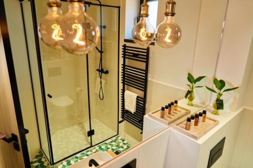 a bathroom with a shower and chandeliers at BlackBird Hub in Arad