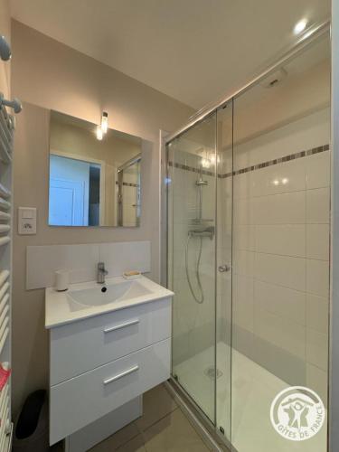 a bathroom with a sink and a glass shower at Gîte brisset in Coulaures