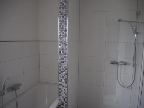 a bathroom with a shower with a glass door at Ferienwohnung Strandblick in Großräschen