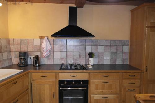 a kitchen with wooden cabinets and a stove top oven at La Grunonde in Palogneux