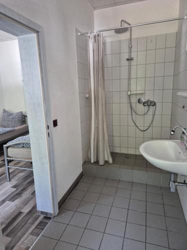 a bathroom with a shower and a sink at Ferienwohnung in Georgenthal in Georgenthal