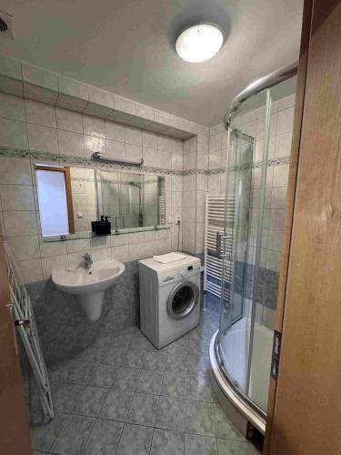 a bathroom with a washing machine and a sink at Apartmány Puerto in Senec