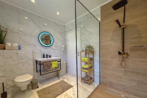 a bathroom with a shower with a toilet and a sink at Dorijini Dvori in Baška Voda