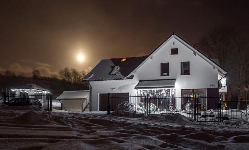 a white house with christmas lights in the snow at Apartamenty U Harrego I Przy Stawie Spa z klimatyzacją, balia, sauna, ogrodem i parkingiem in Kudowa-Zdrój
