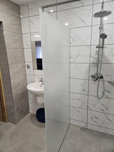 ein Badezimmer mit Dusche und Waschbecken in der Unterkunft Hostel 405 in Polanka Wielka